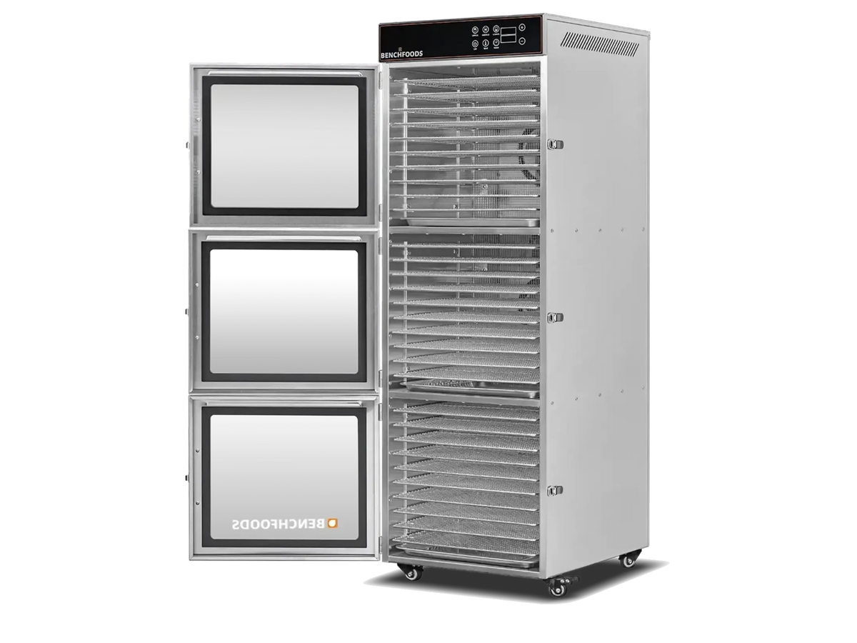 Benchfoods 3 Zone 30 Tray commercial dehydrator with doors open showing stainless steel trays