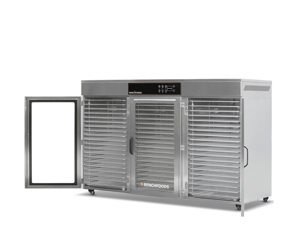 Benchfoods 3 Zone 60 Tray commercial dehydrator with doors open showing stainless steel trays