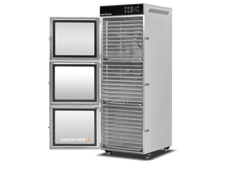 Benchfoods 3 Zone 30 Tray commercial dehydrator with doors open showing stainless steel trays