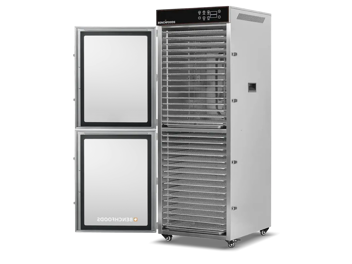 Benchfoods 2 Zone Vertical 32 Tray commercial dehydrator with doors open showing stainless steel trays