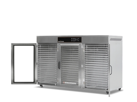 Benchfoods 3 Zone 60 Tray commercial dehydrator with doors open showing stainless steel trays