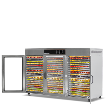 Benchfoods 3 Zone 60 Tray commercial dehydrator loaded with dried fruit