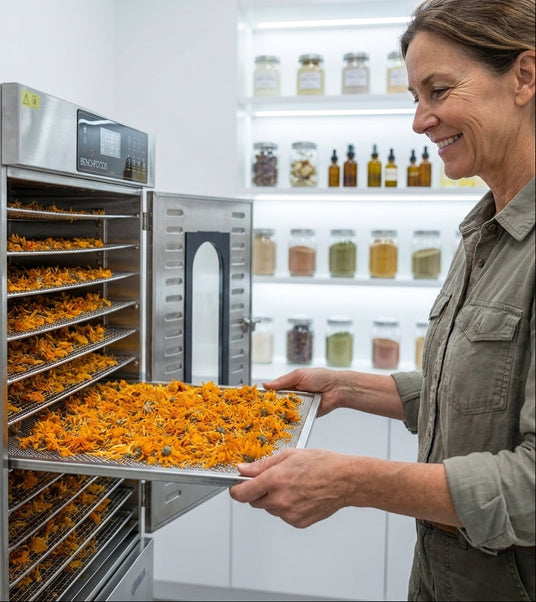 Person removing a tray of dried flowers from a dehydrator in a kitchen setting.