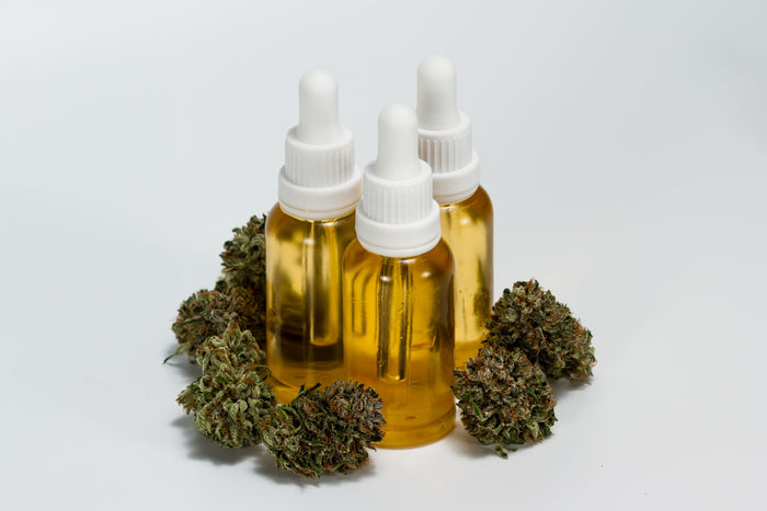 Dropper bottles of cannabis oil with buds