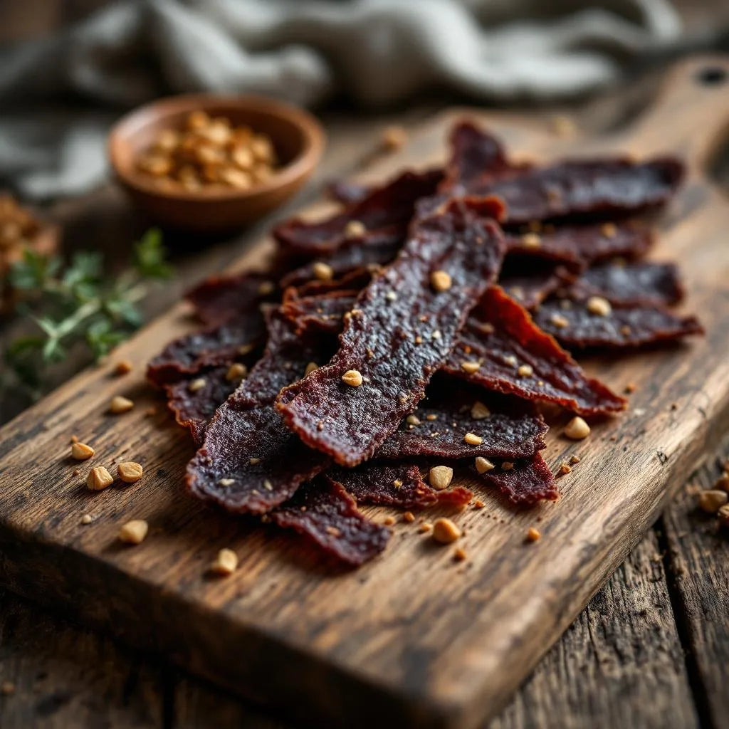 Strips of dehydrated beef jerky on a wooden board